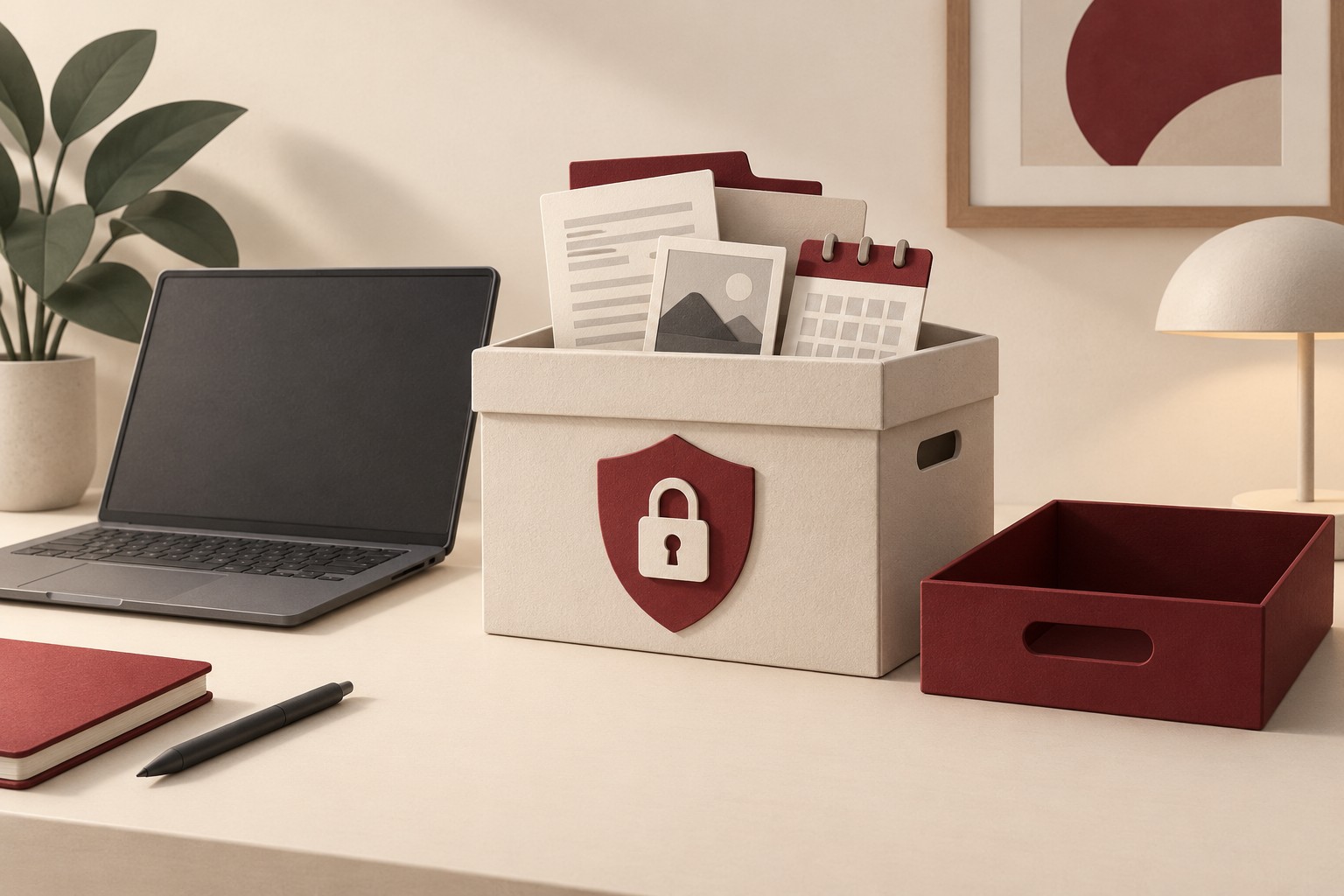 An unbranded laptop beside a shield-marked archive box containing document, photo, and calendar cards, with a separate destination tray.
