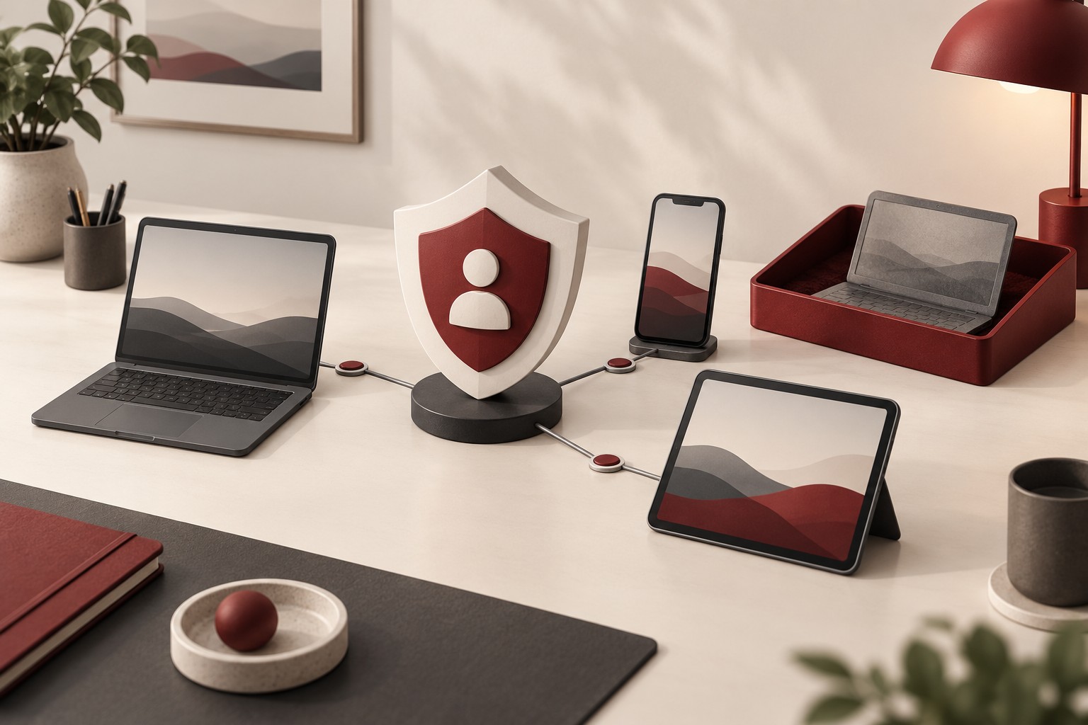 A burgundy account shield connects to an unbranded laptop, phone, and tablet while a disconnected older laptop rests in a burgundy review tray.