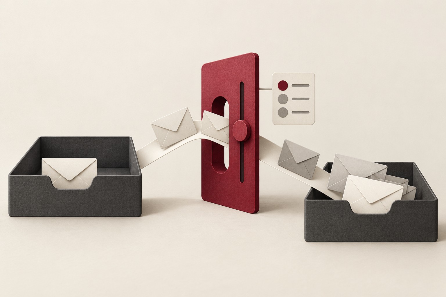 Two abstract inbox trays connected through a burgundy review gate, with envelope cards and a small filter card beside the connection.