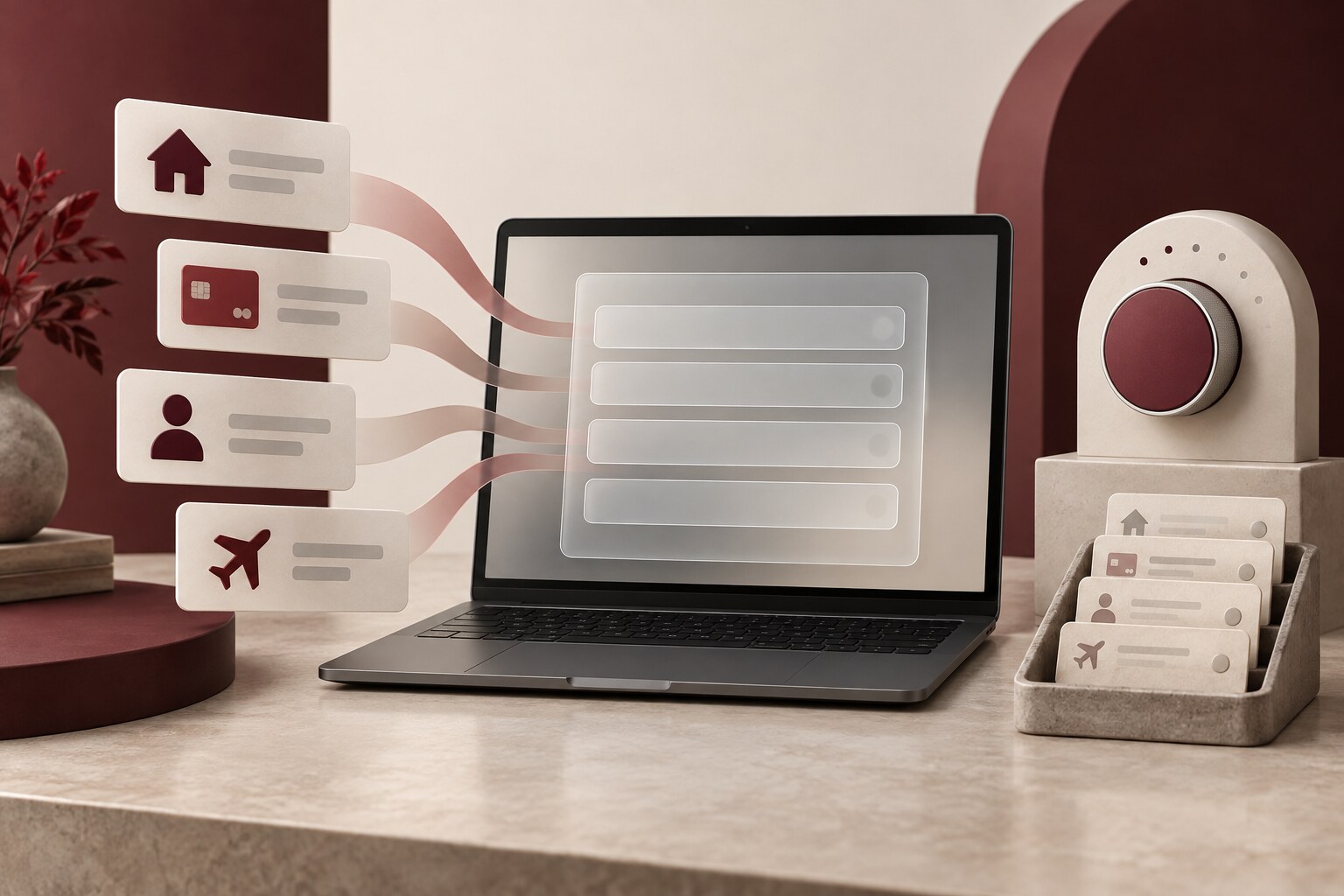An unbranded laptop with abstract address, payment, identity, and travel cards beside an autofill privacy control dial.