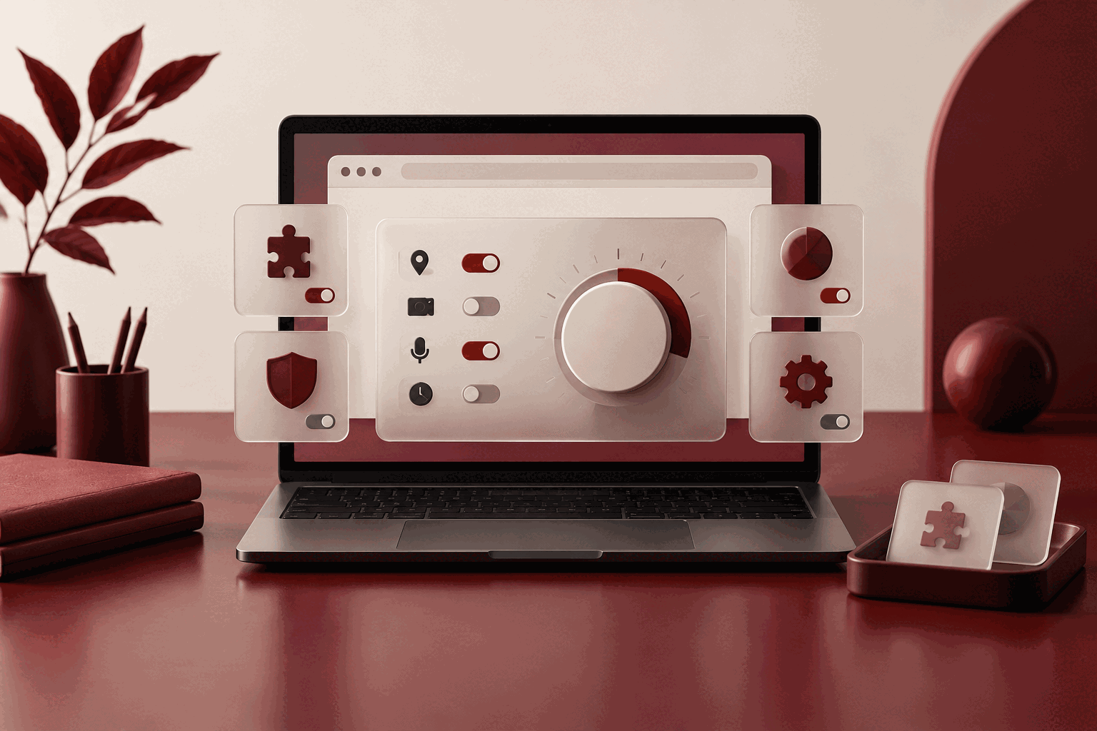 An unbranded laptop with modular browser-extension tiles, permission controls, and unused tiles set aside.