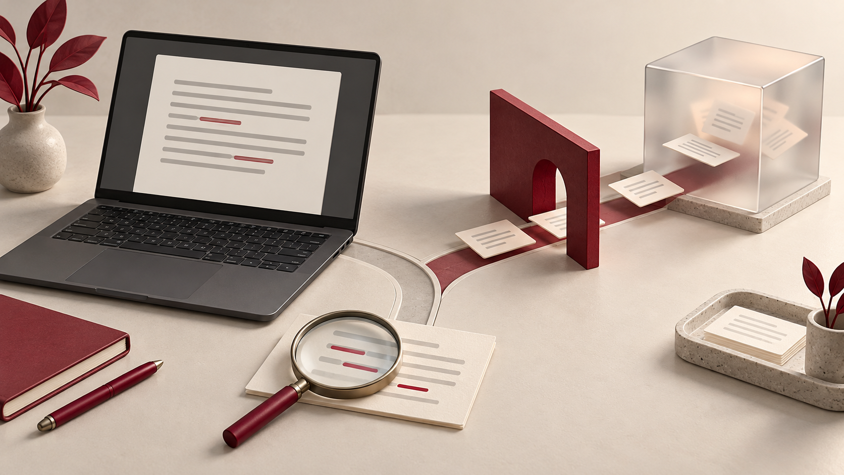 An unbranded laptop with abstract text strokes sits beside a magnifying glass and editing cards, with a burgundy gate separating a frosted service cube.