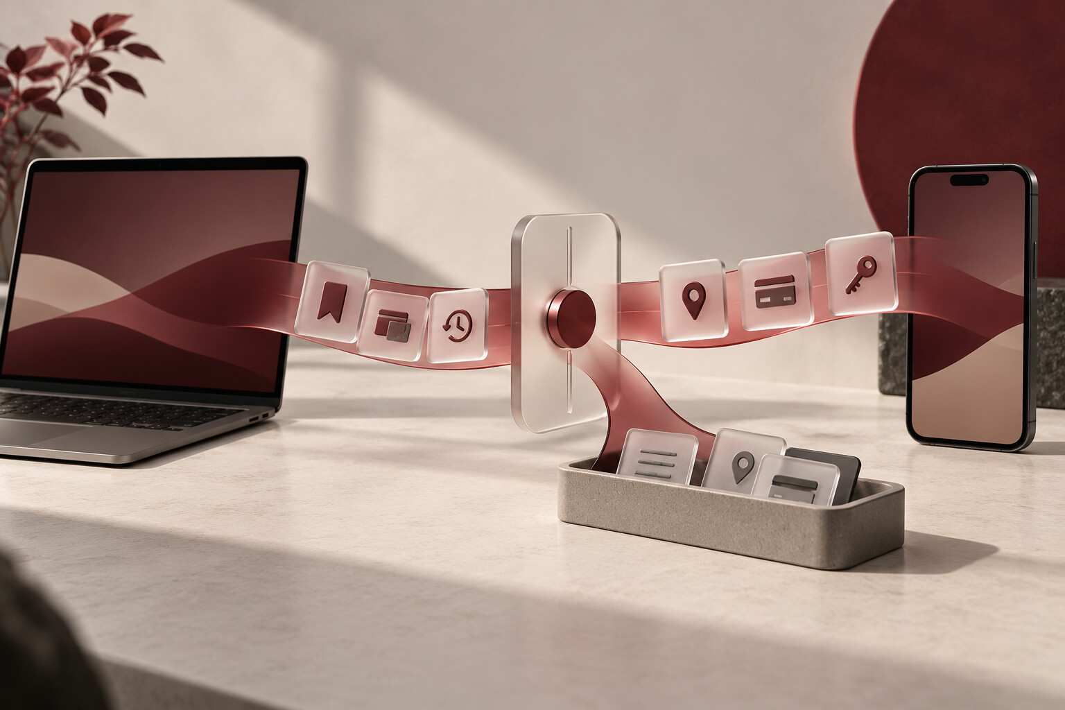 An unbranded laptop and phone exchange selected browsing-data cards through a burgundy control gate while other cards remain in a review tray.