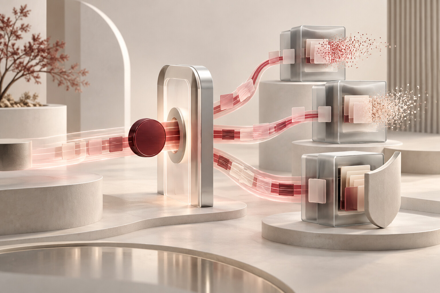 A burgundy privacy-request token passes through a central gate and branches toward several frosted data cabinets, where selected data cards dissolve while an exemption shield protects others.