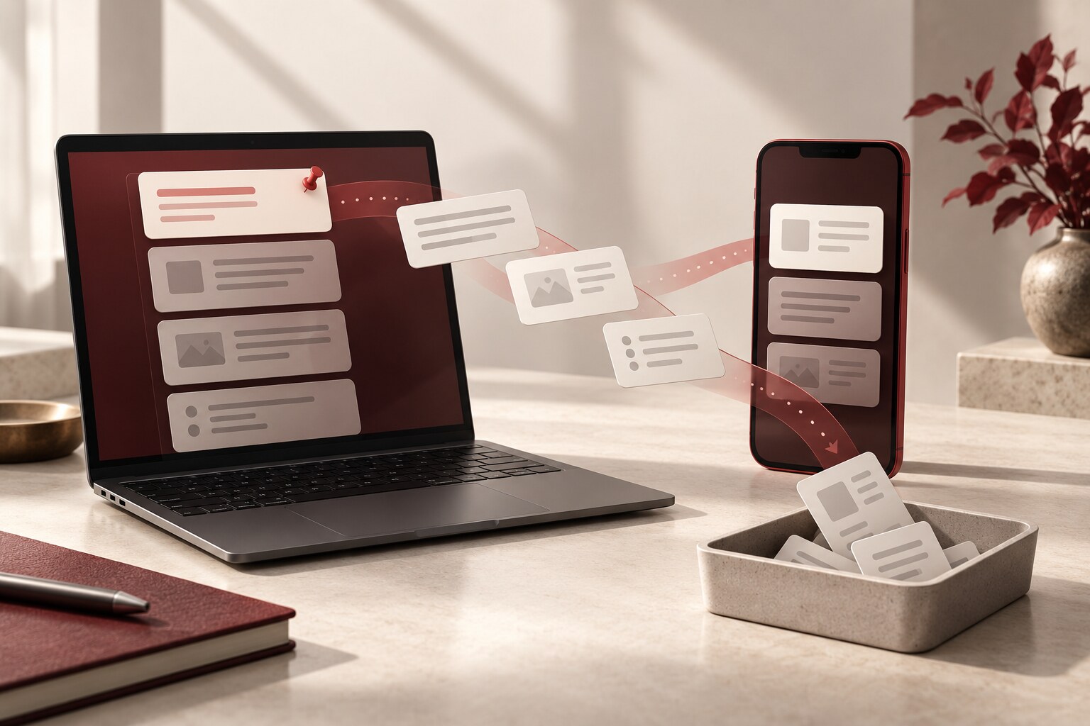 An unbranded burgundy laptop and phone exchange abstract clipboard cards while one card stays pinned and older cards move into a neutral clearing tray.
