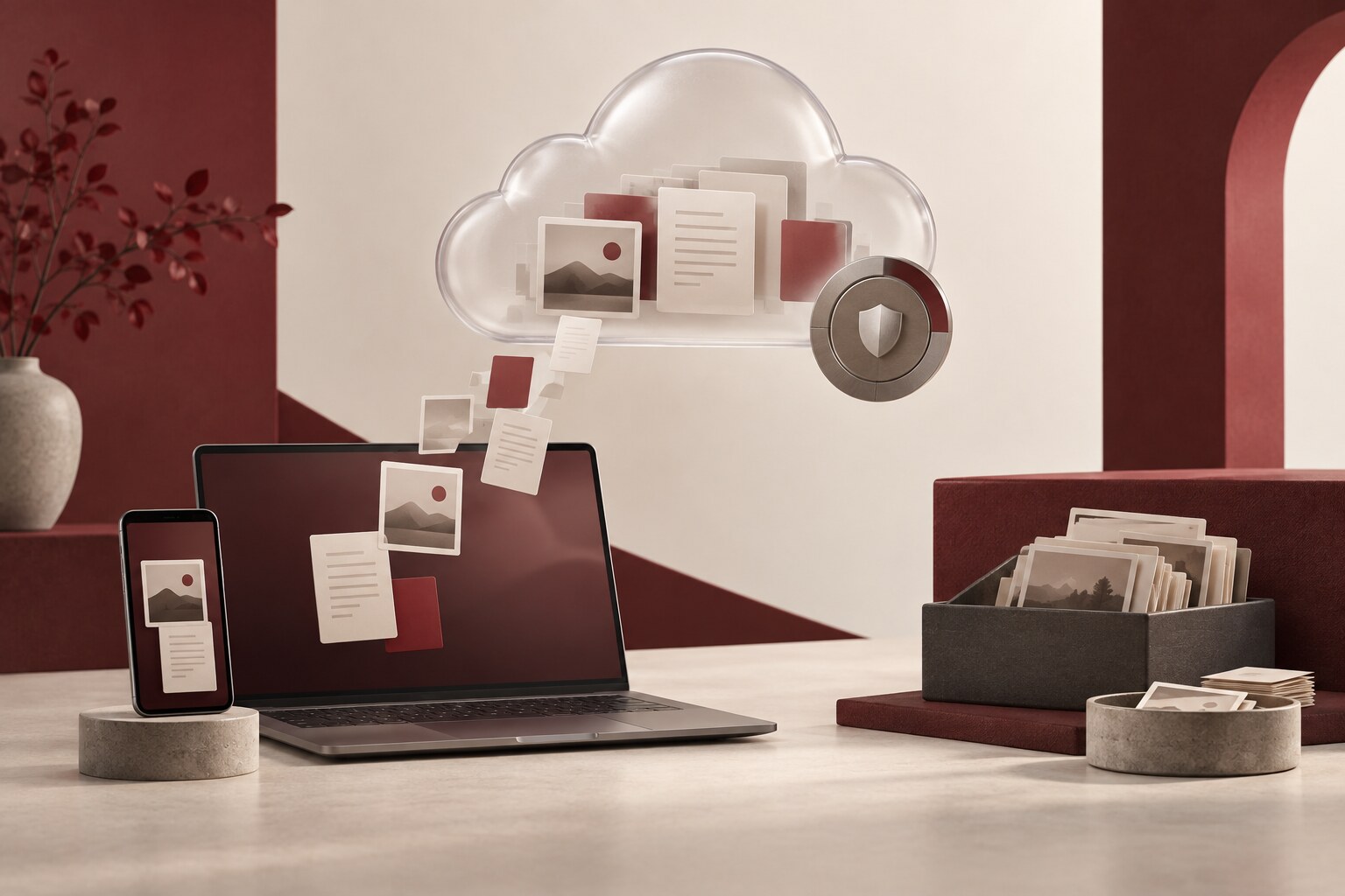 An unbranded laptop and phone sending abstract files to a protected cloud archive beside an older archive set aside for review.
