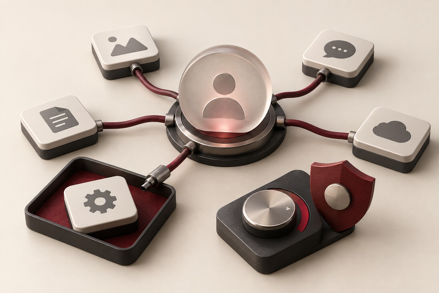 A frosted identity token connects to several unbranded service tiles while one older connection is unplugged and placed in a burgundy review tray.