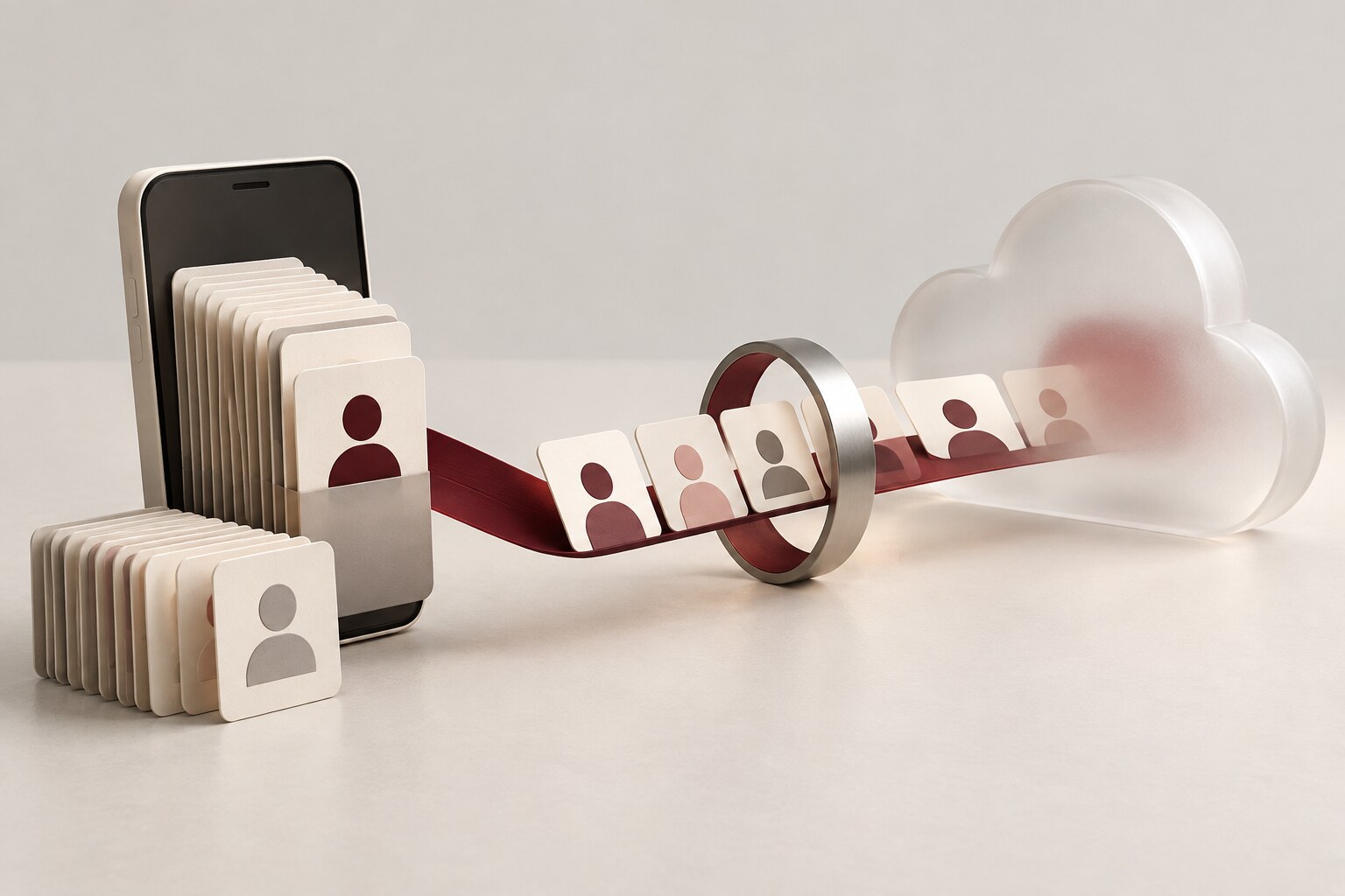 An unbranded phone sends a selected group of anonymous contact cards through a burgundy control ring to a frosted cloud archive.