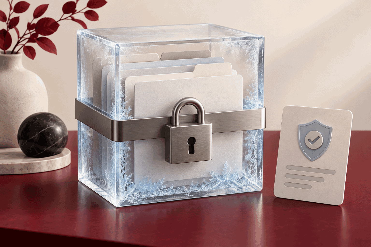 A frosted glass box containing blank credit files secured by a metal lock beside a verification card.