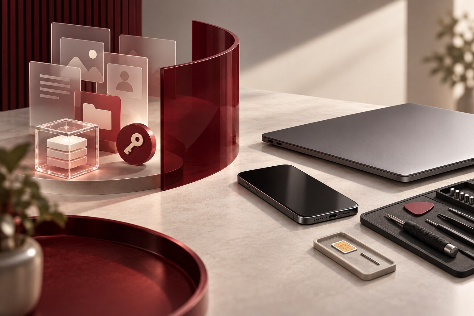 An unbranded phone and laptop beside repair tools while abstract data cards and a backup cube remain behind a curved burgundy privacy shield.