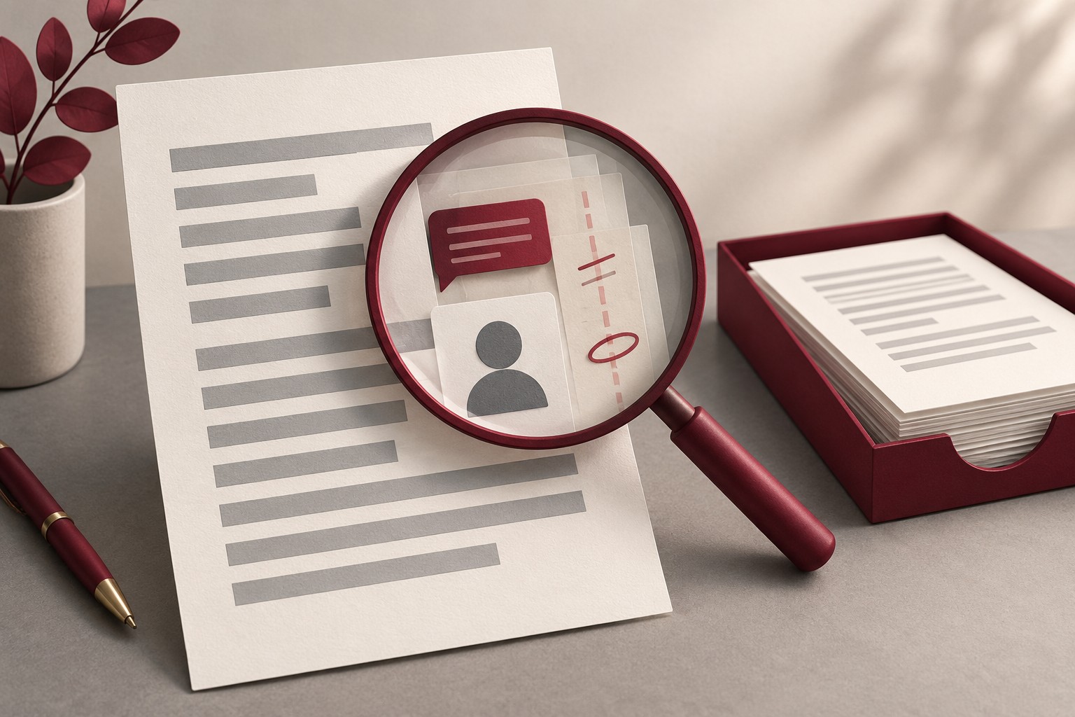 A magnifying glass reveals comment, revision, and author symbols beneath a document page, beside a separate clean sharing copy in a burgundy tray.