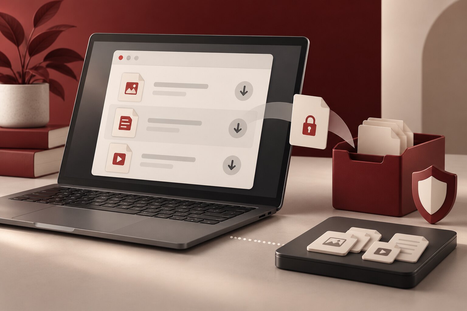 An unbranded laptop displays abstract download cards beside a burgundy file tray, privacy shield, and separate device storage.
