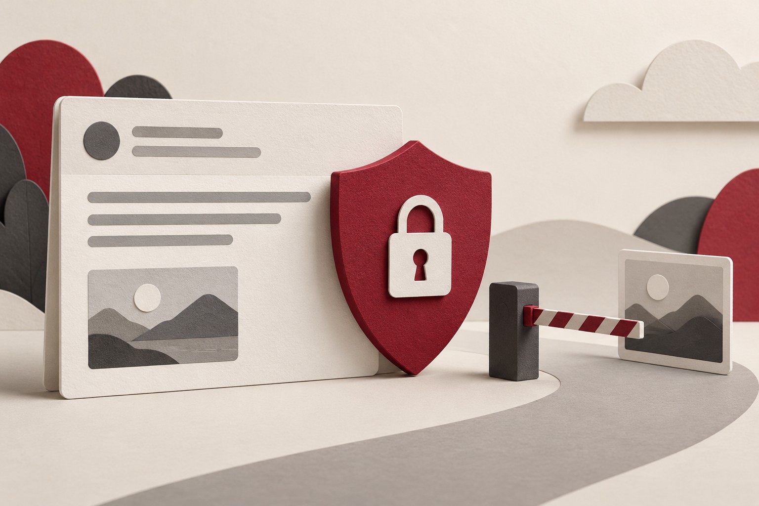 An abstract email message and landscape image tile beside a burgundy privacy shield, with a second image held outside a small control gate.