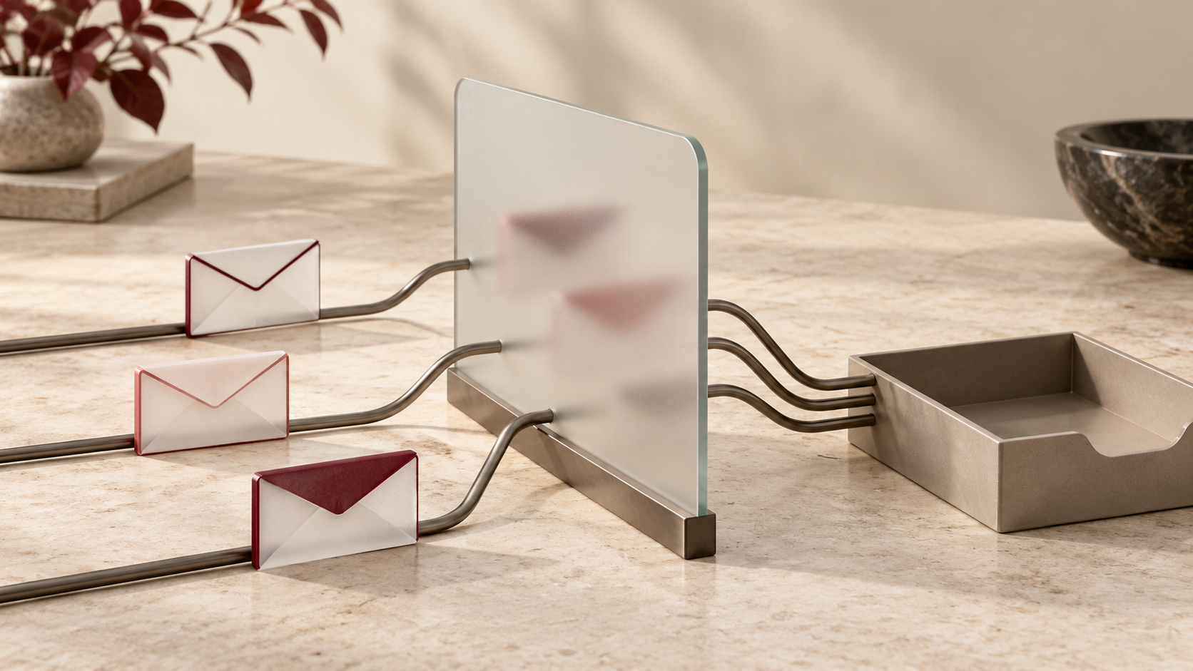 Three blank envelope cards follow separate metal channels through a frosted privacy screen toward one neutral inbox tray.