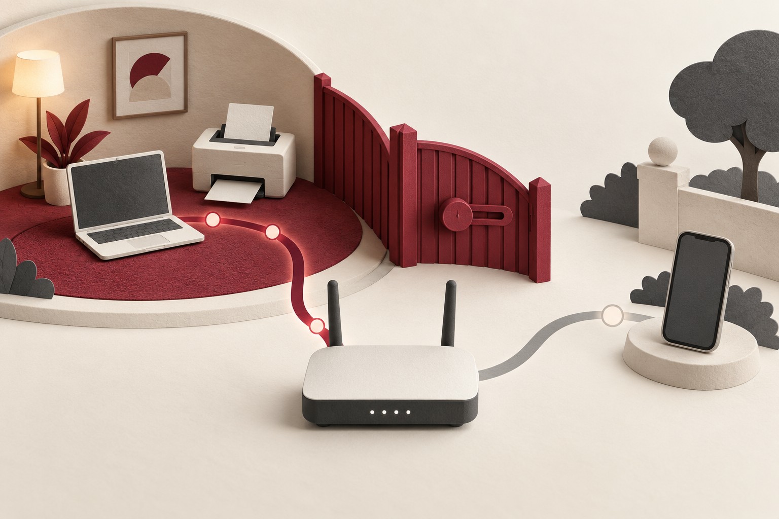 A home router connects to a household laptop and printer behind a burgundy gate and to a separate visitor smartphone.