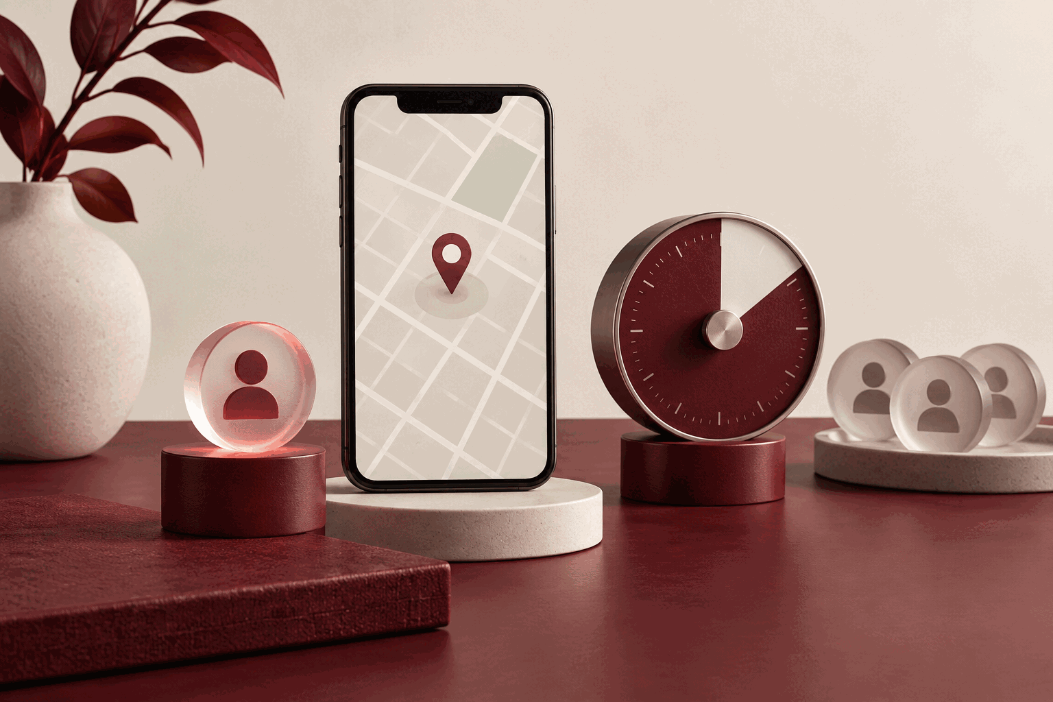 An unbranded phone with an abstract location map beside a timer and translucent sharing tokens.