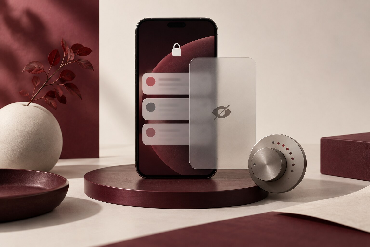 An unbranded phone with frosted notification cards partially covered by a translucent privacy panel.