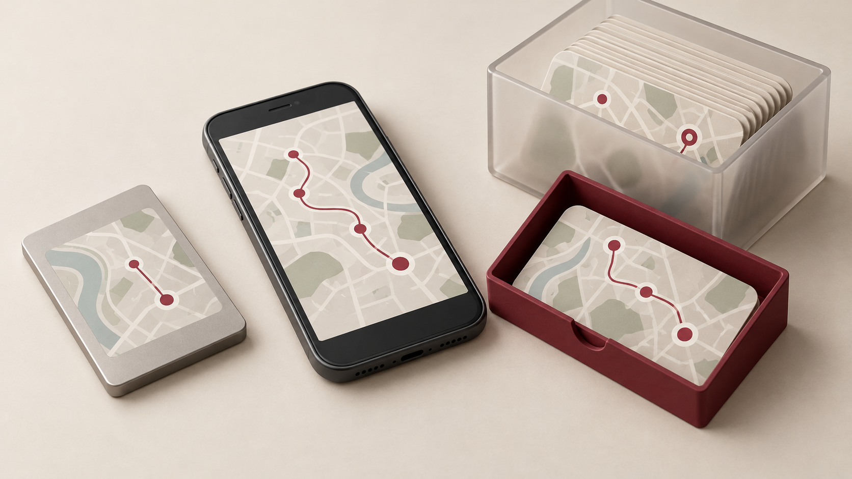 An unbranded phone and a separate device card display abstract routes beside map cards in a frosted archive box and a burgundy review tray.