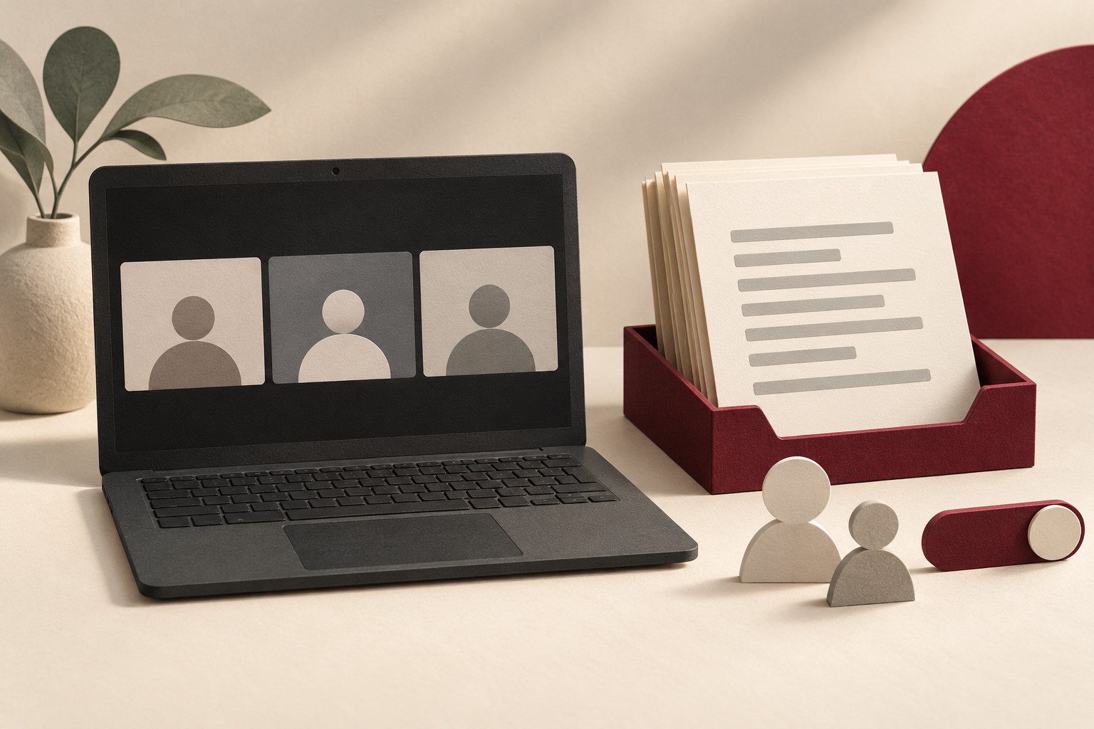 A laptop with an abstract meeting window beside transcript pages in a burgundy tray, two audience tokens, and a separate access slider.