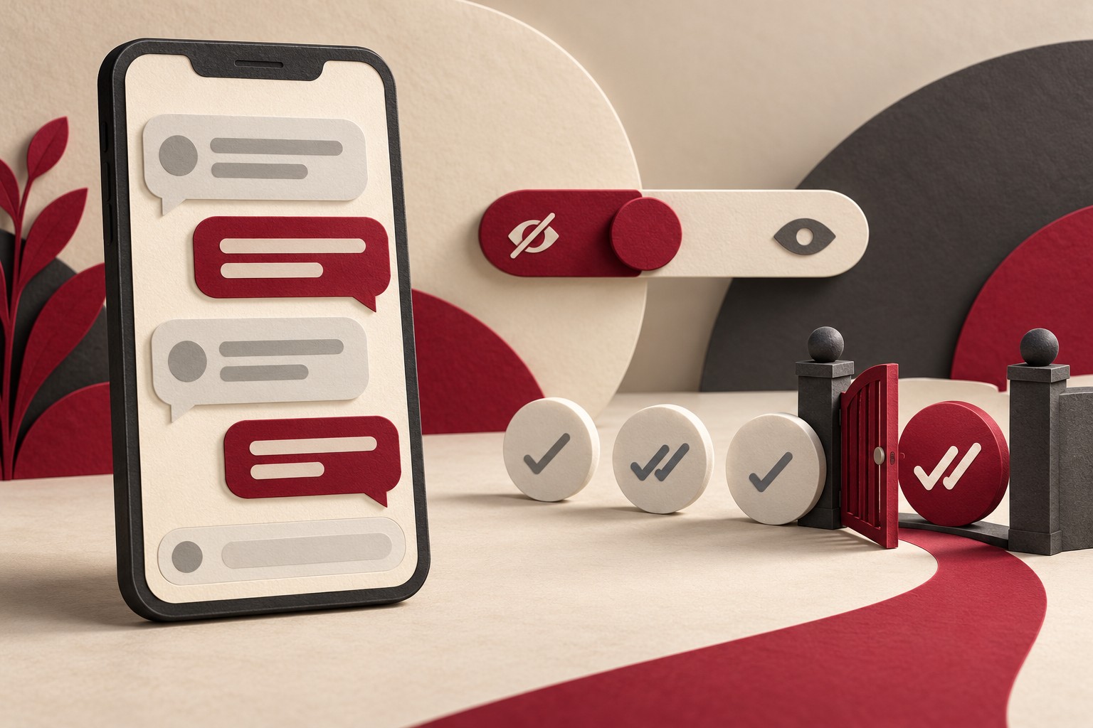 An unbranded smartphone with abstract message bubbles beside a burgundy privacy slider and message-status tokens, one behind a small review gate.