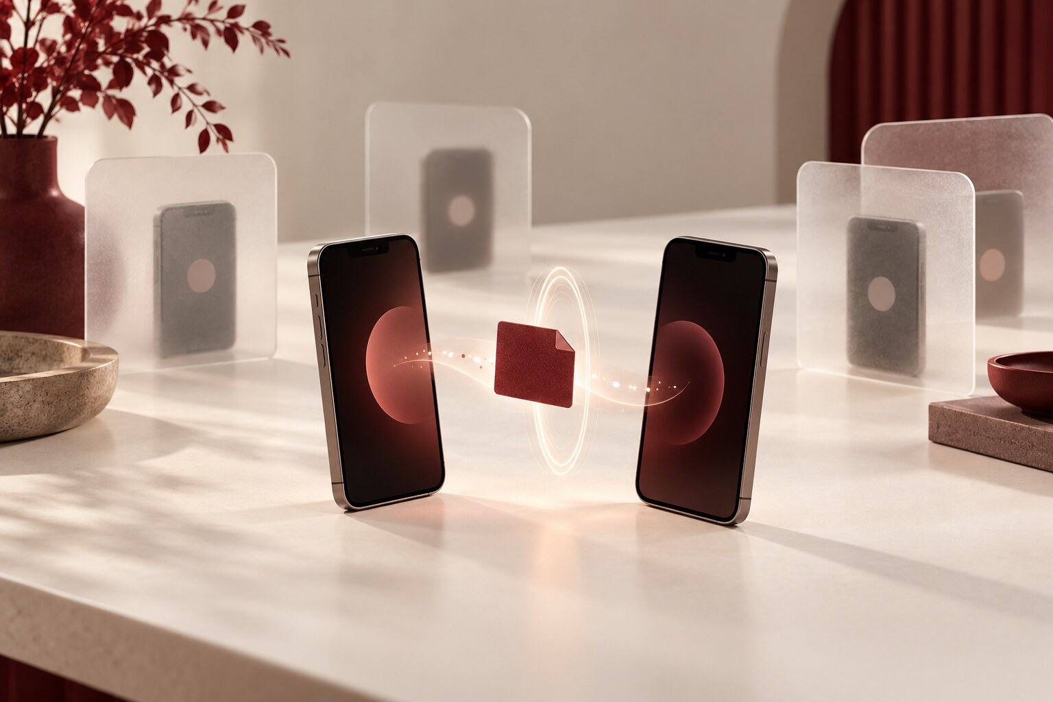 Two unbranded phones exchange one burgundy file card through a narrow visibility ring while other nearby devices remain outside the sharing path.