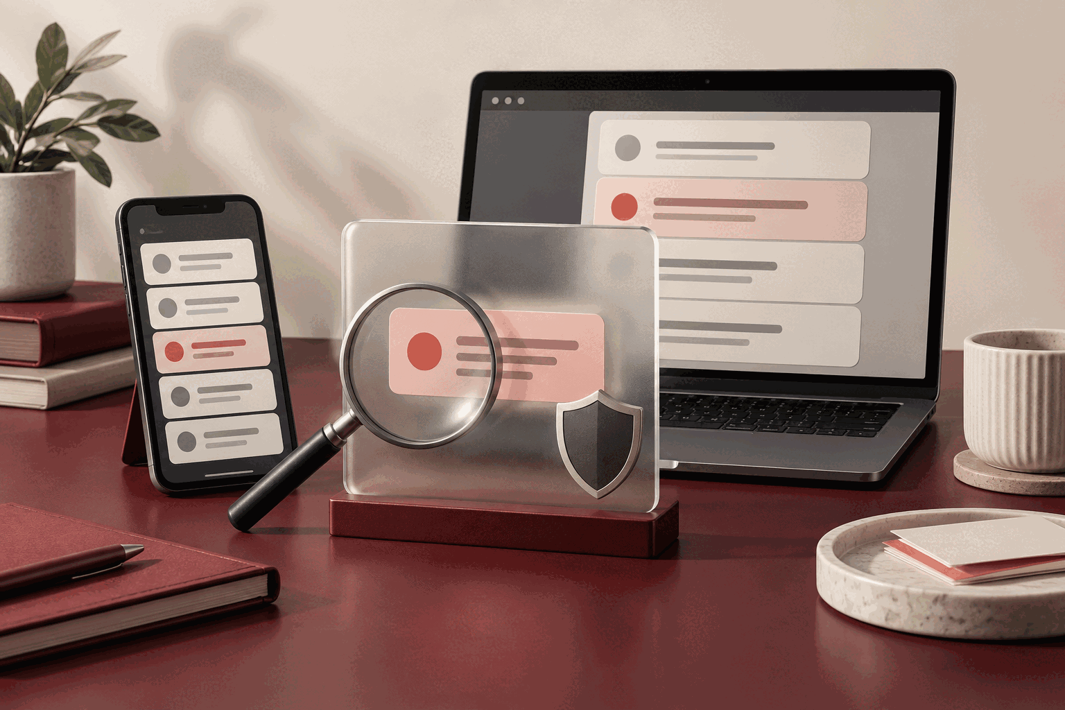 An unbranded phone and laptop with abstract message cards examined through a magnifying glass beside a shield.