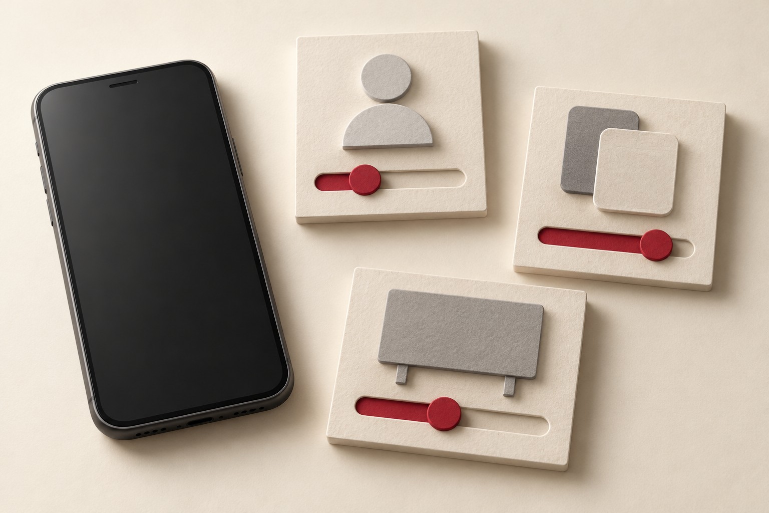 An unbranded smartphone beside three separate paper control panels with burgundy sliders and abstract identity, app, and advertising shapes.