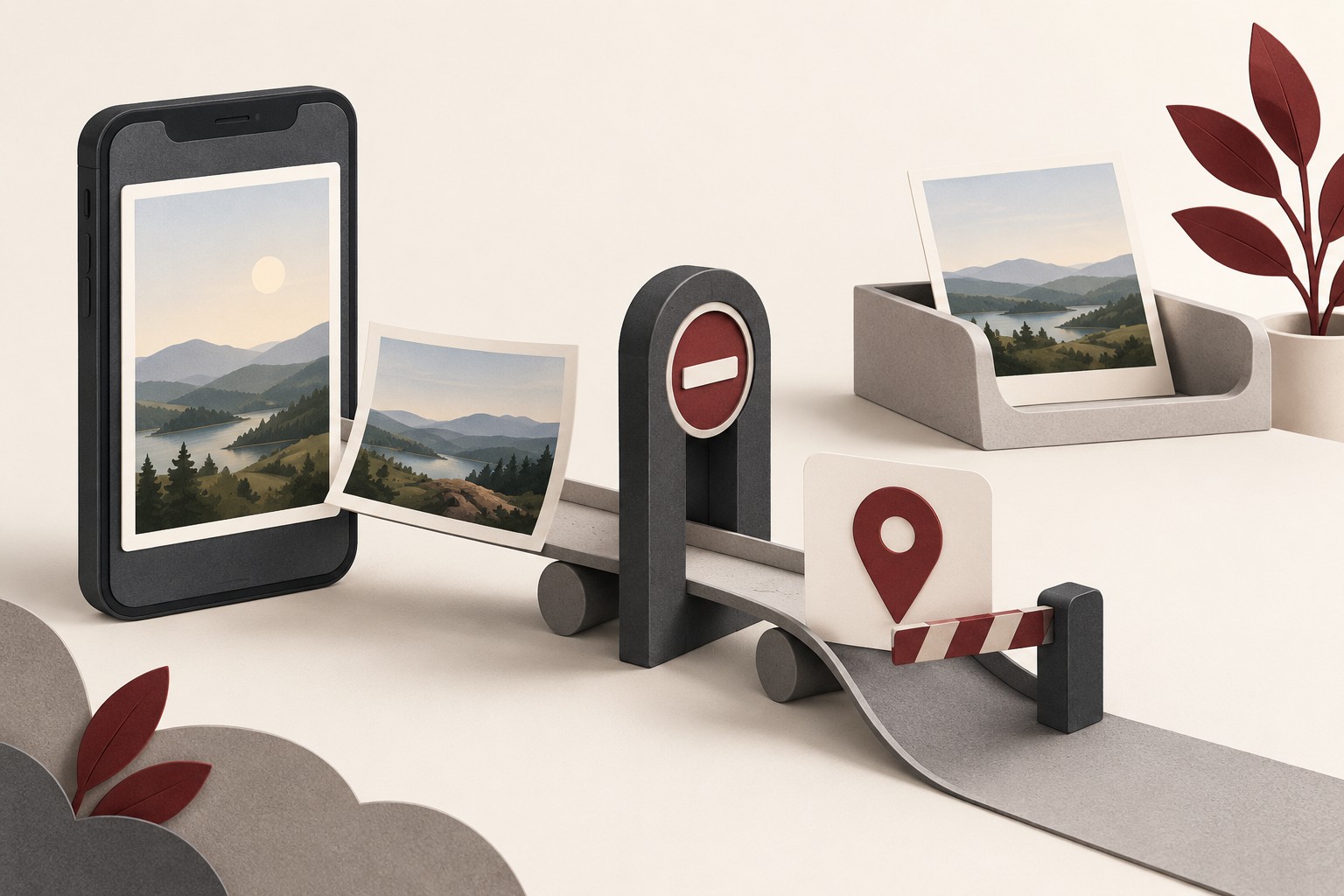 An unbranded smartphone and landscape photographs beside a privacy gate, with a burgundy location-pin card held behind a barrier.