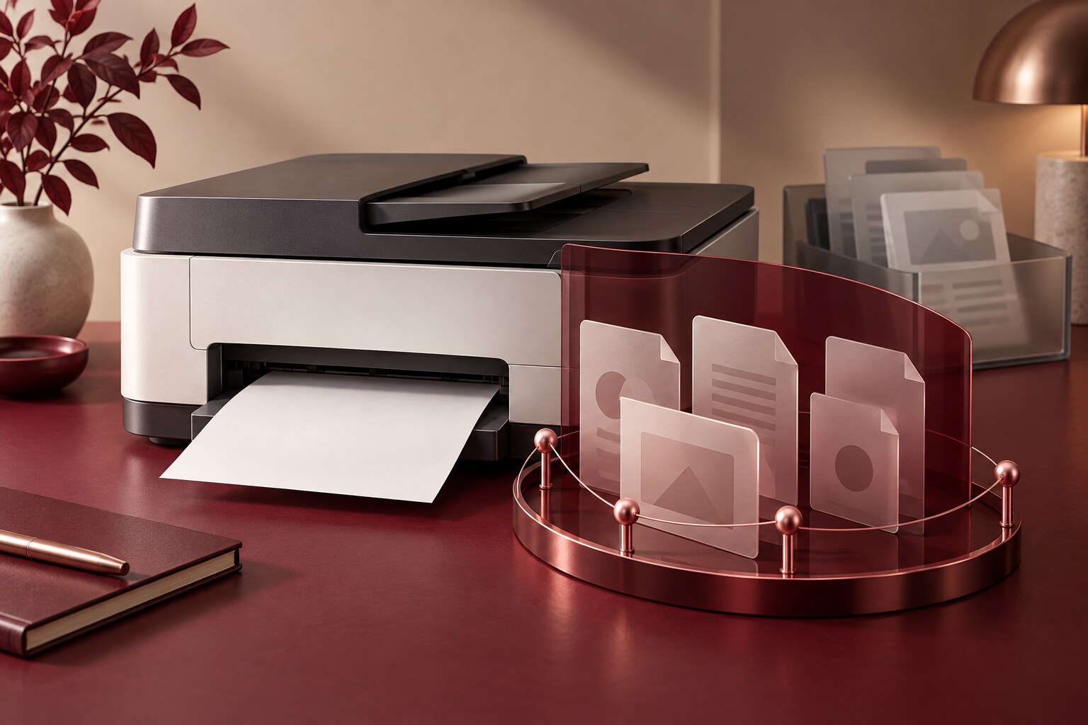 An unbranded cream-and-charcoal printer beside abstract document cards protected by a curved burgundy privacy shield.