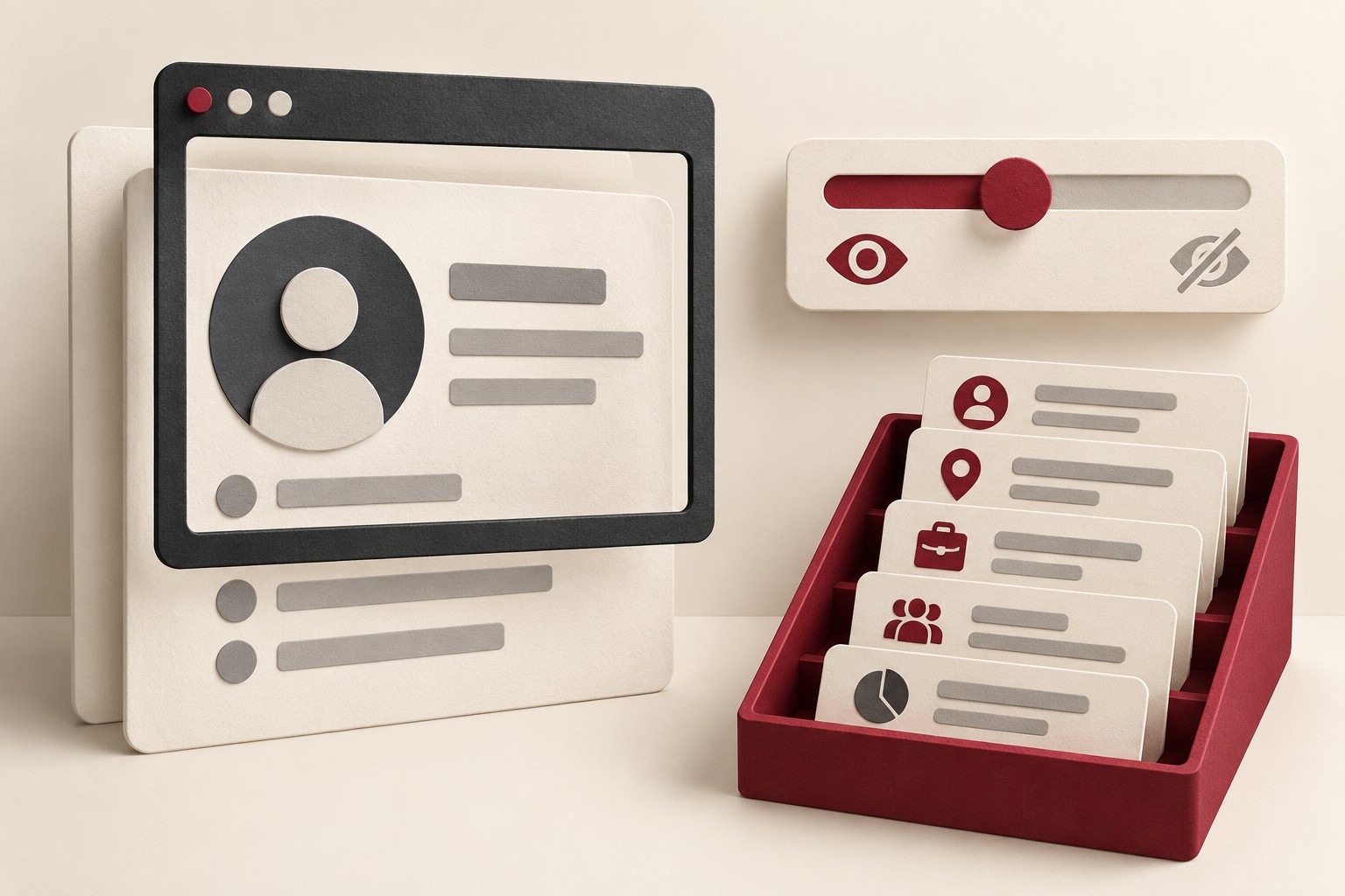 An abstract profile card viewed through a visitor window frame beside a burgundy review tray and an adjustable privacy slider.
