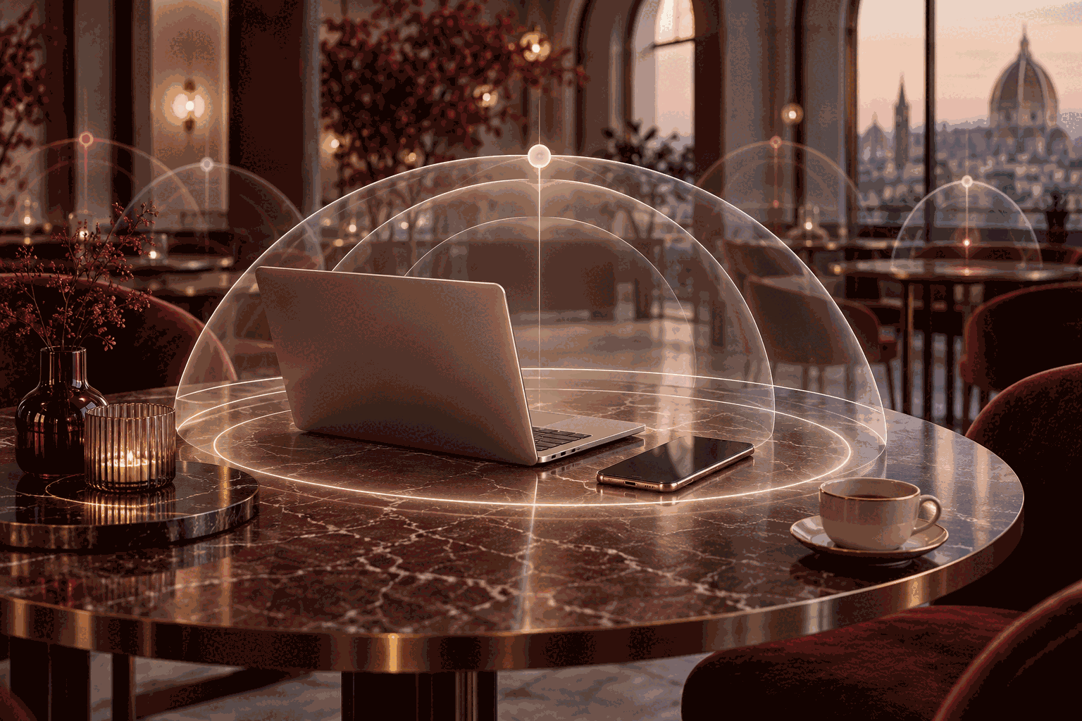 An unbranded laptop and phone beneath translucent network rings on a burgundy café table.