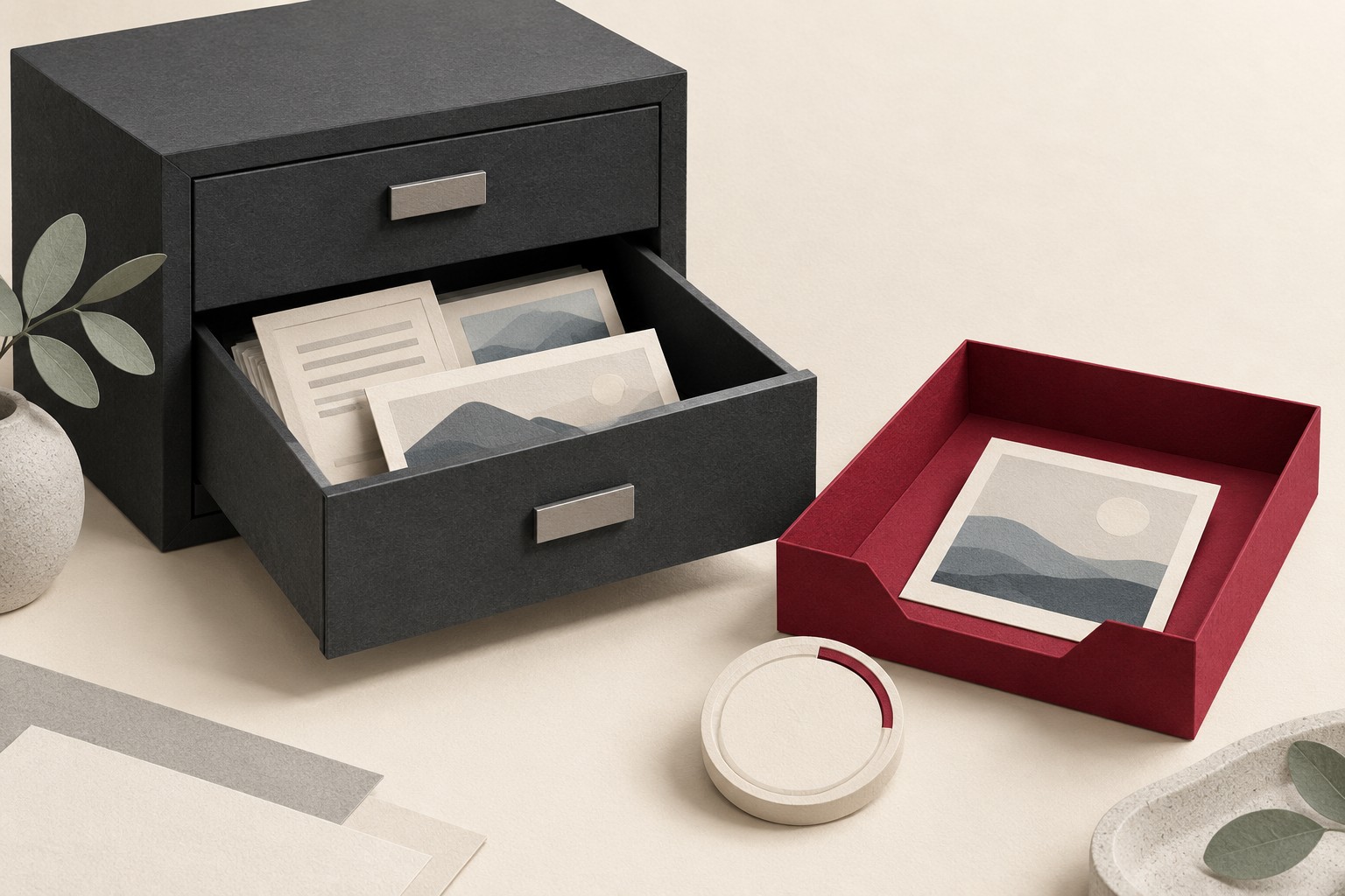 A partly open charcoal drawer holds abstract photo and document cards beside a burgundy review tray and a blank circular timer token.