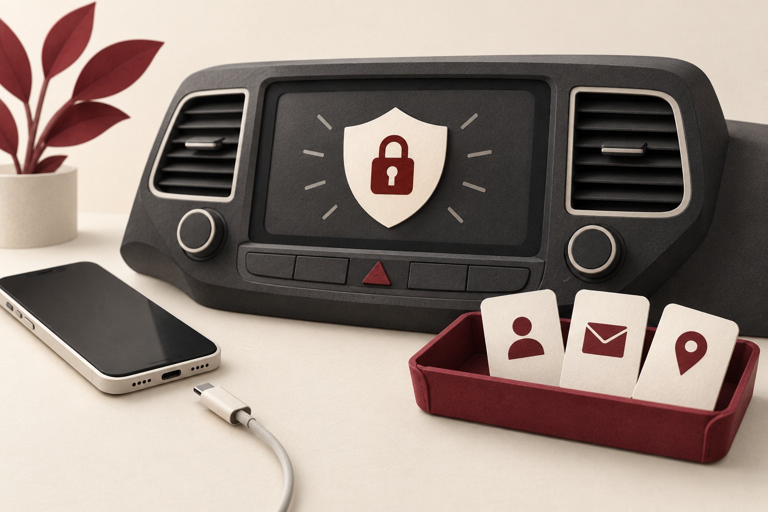 An unbranded car dashboard beside a disconnected smartphone and a burgundy tray holding abstract contact, message, and map-pin cards.