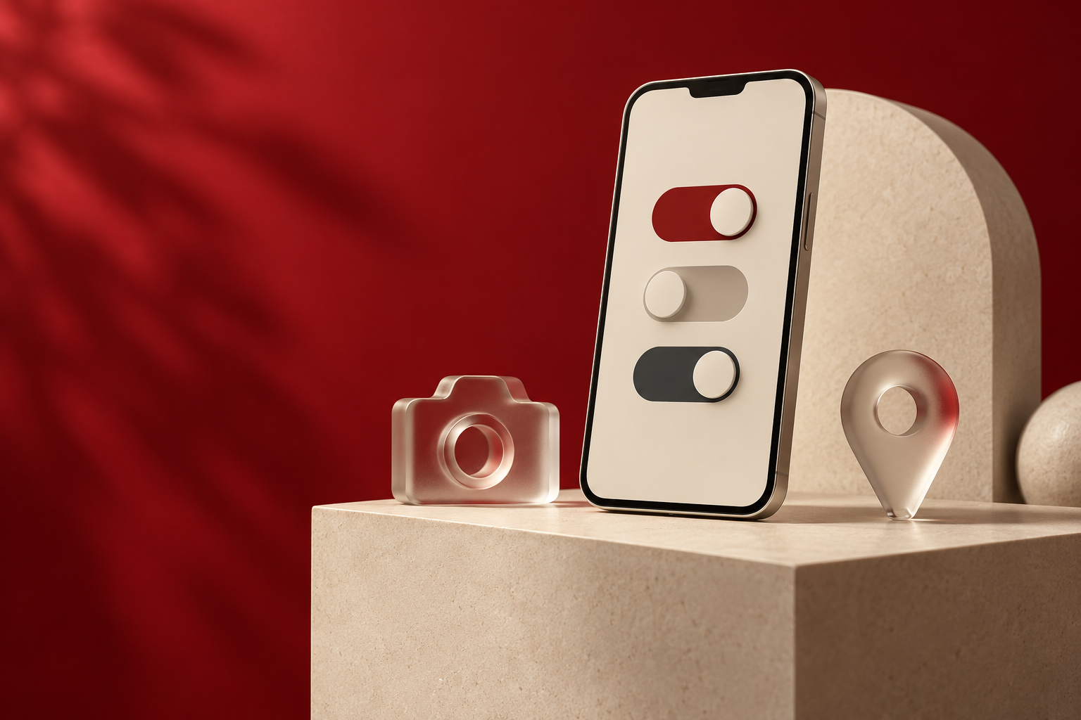 Unbranded smartphone with abstract permission controls beside glass camera and location symbols
