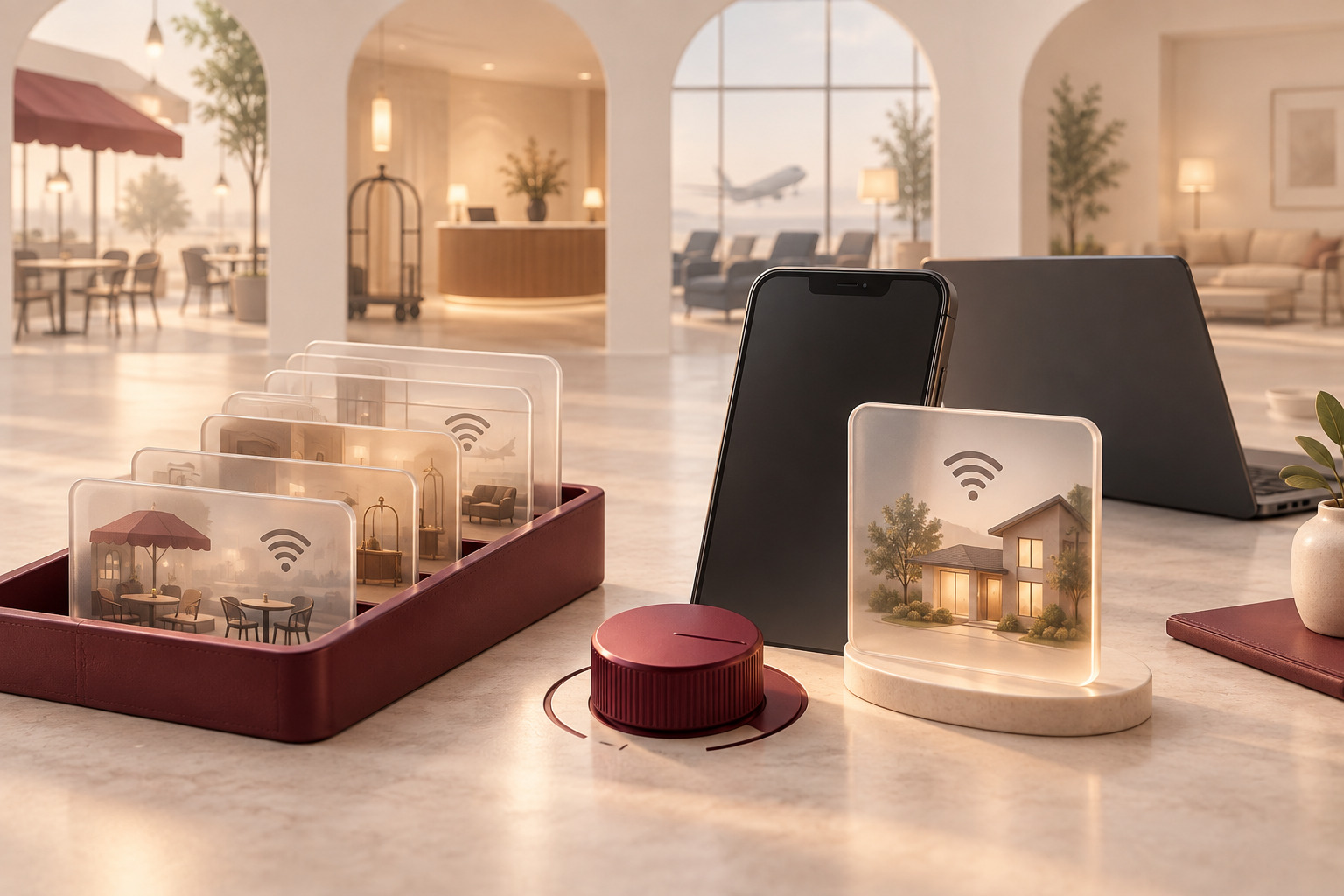 An unbranded phone and laptop beside a trusted home Wi-Fi card and a burgundy tray holding older saved café, hotel, and airport networks.