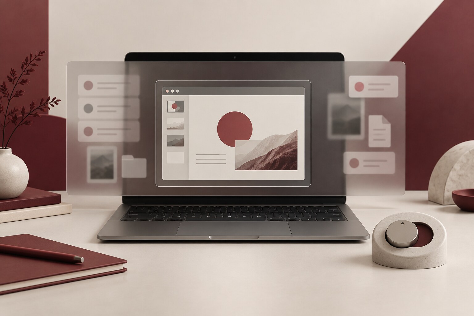 An unbranded laptop showing one presentation window while other messages and files sit behind a frosted privacy panel.