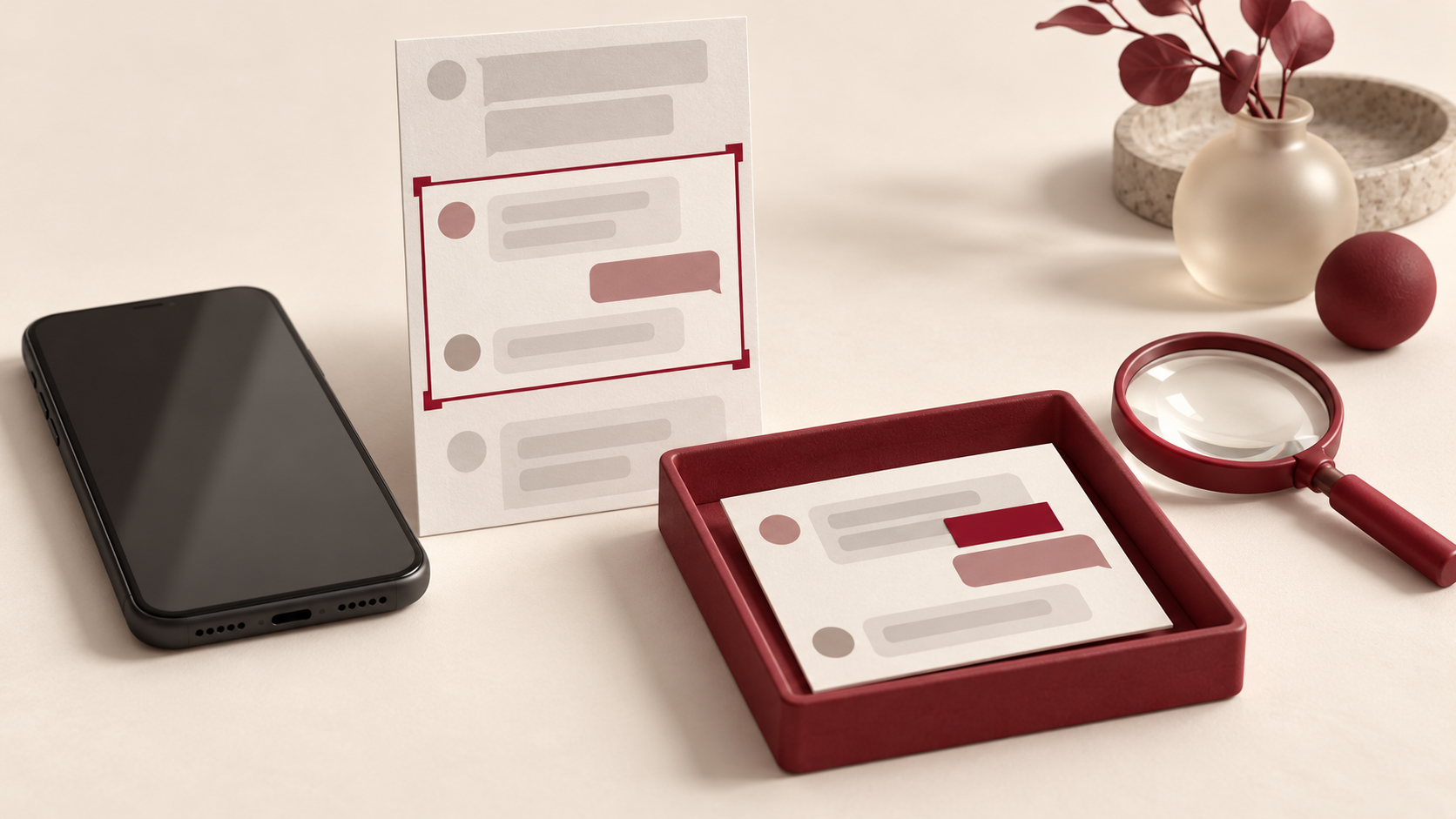 An unbranded phone sits beside an abstract message panel with a burgundy crop frame and a separate screenshot card with an opaque redaction bar in a review tray.