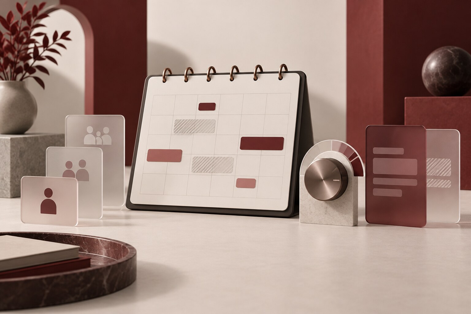 An abstract shared calendar with layered event cards and carefully separated permission tokens beside a privacy control dial.