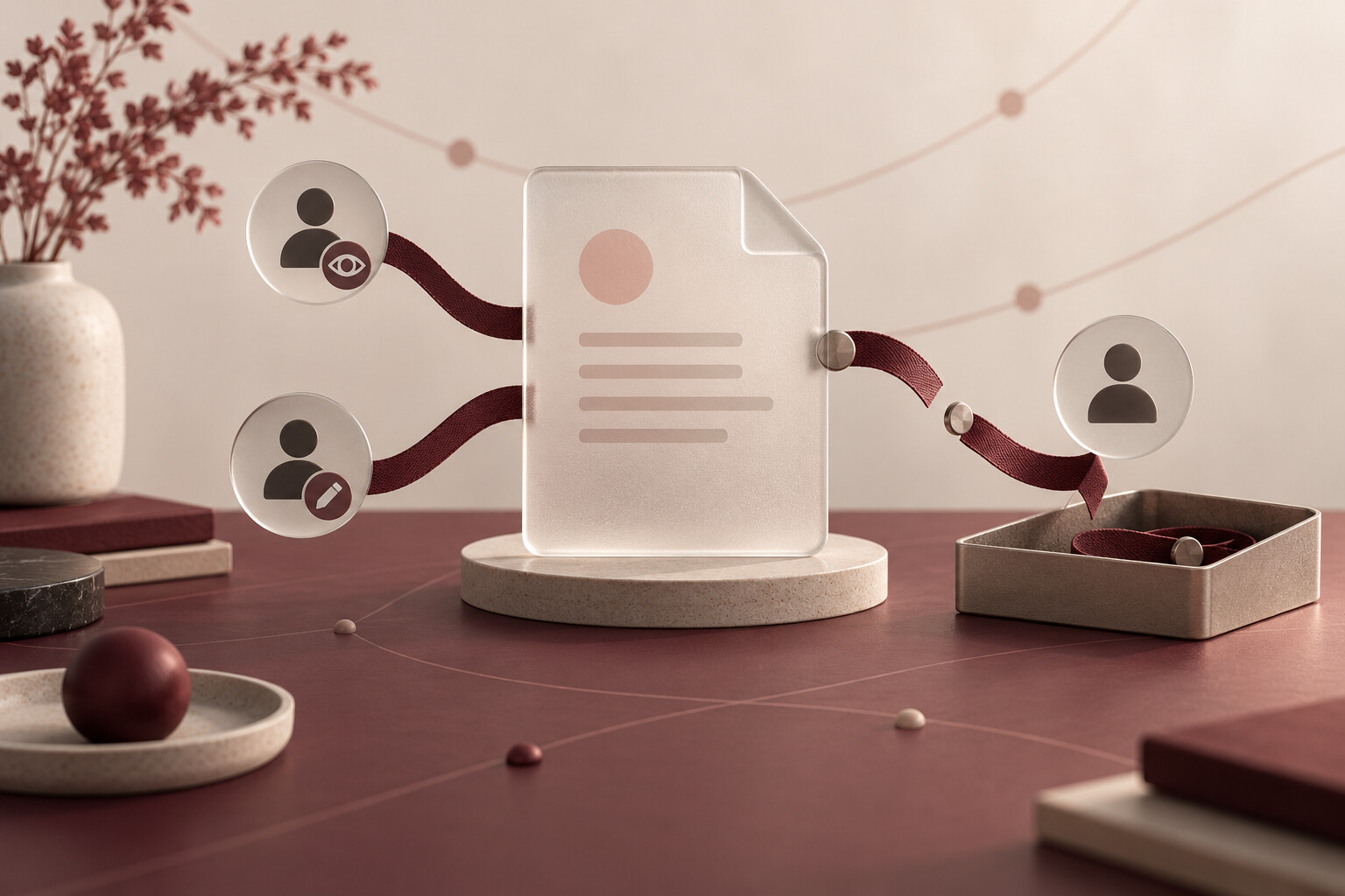 A frosted document card connected by burgundy ribbons to abstract viewer and editor tokens, with an older sharing link placed in a tray.