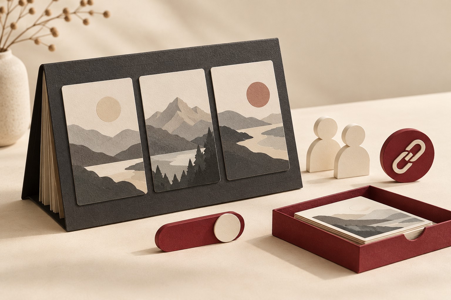 A charcoal album frame with three abstract landscape photo cards beside two audience tokens, a burgundy link token, a slider, and a review tray.