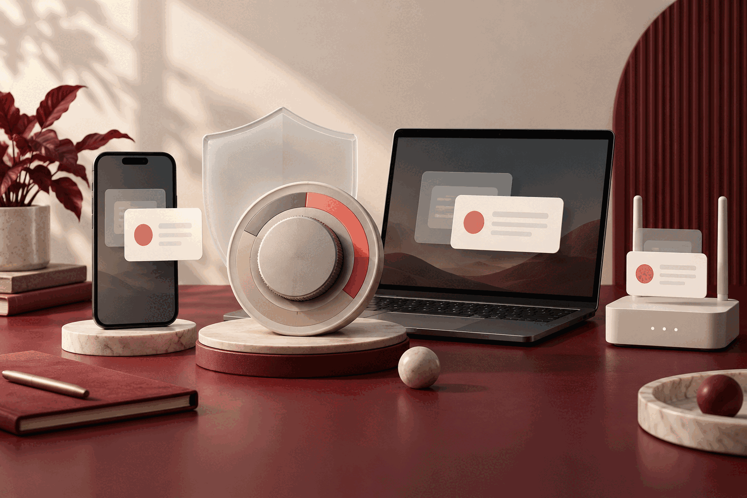 An unbranded phone, laptop, and home router arranged around a maintenance dial and translucent shield.