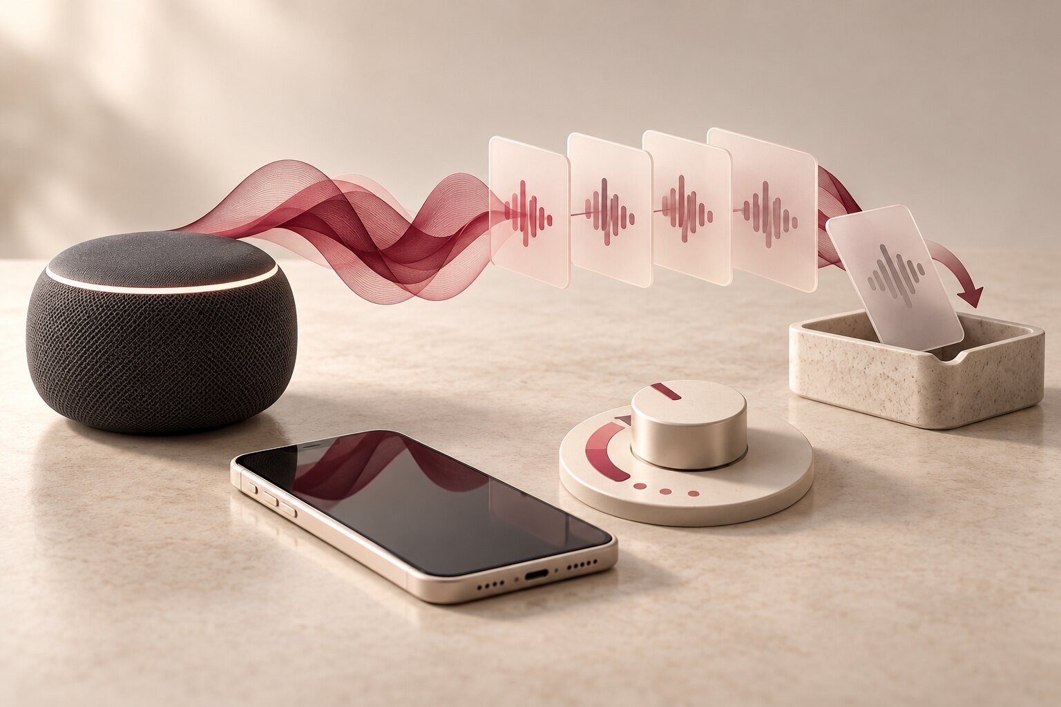 An unbranded smart speaker and phone beside burgundy voice waves, abstract history cards, a privacy dial, and a deletion tray.