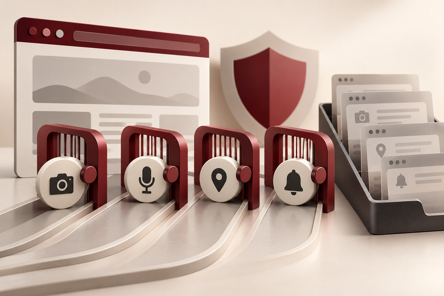 An unbranded browser, privacy shield, and four burgundy control gates for camera, microphone, location, and notification permissions, with older site-permission cards waiting for review.
