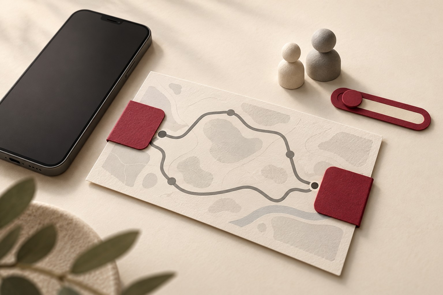 An unbranded smartphone beside an abstract route map with burgundy covering tabs, two audience tokens, and a separate visibility slider.